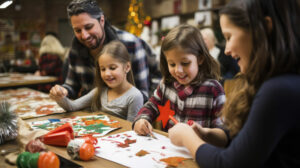 A dad and mom with two girls working on Christmas crafts